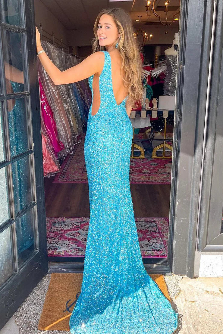 Charming Mermaid V Neck Blue Sequins Long Prom Dresses