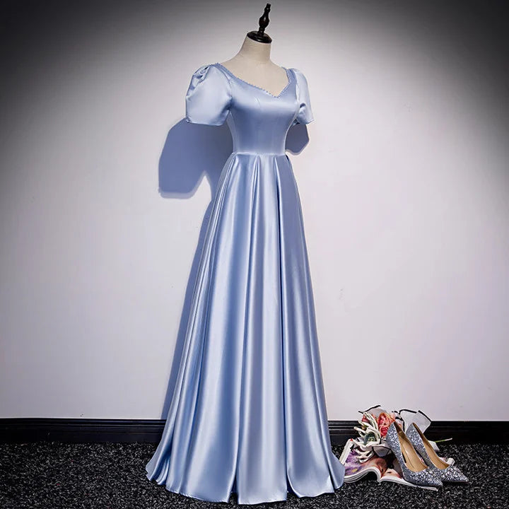 Unique Blue Satin Short Sleeves Long Evening DressBlue Party Dress Bridesmaid Dress