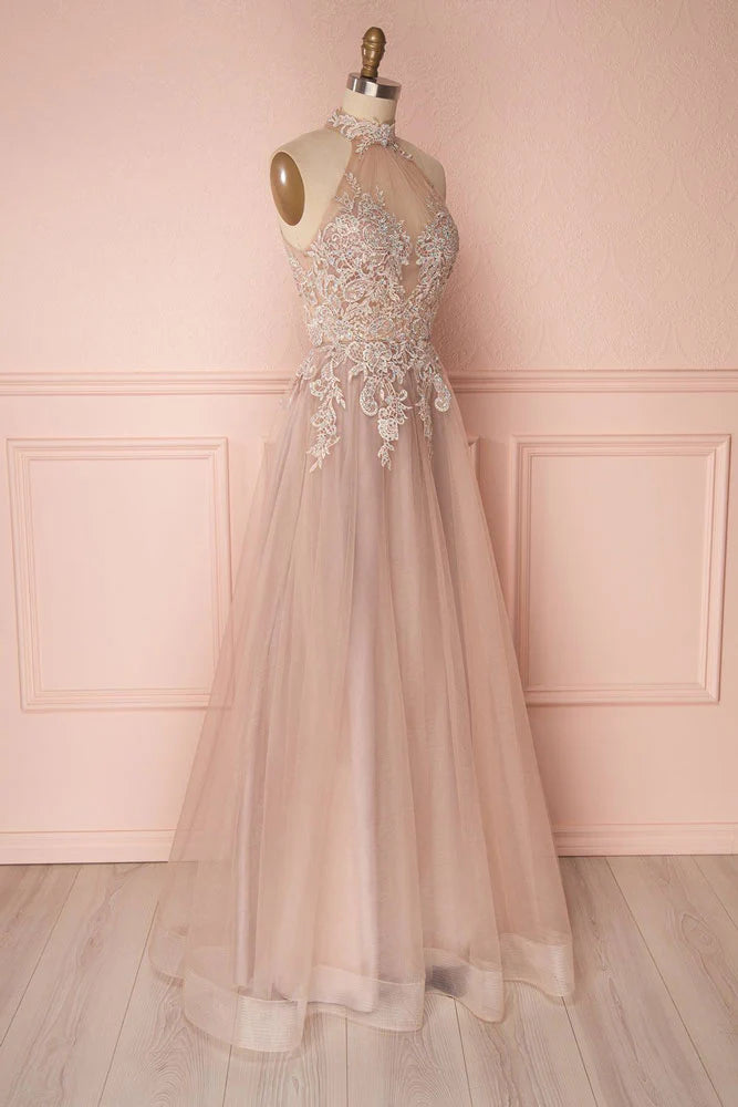 Unique lace applique tulle long prom dress tulle evening dress