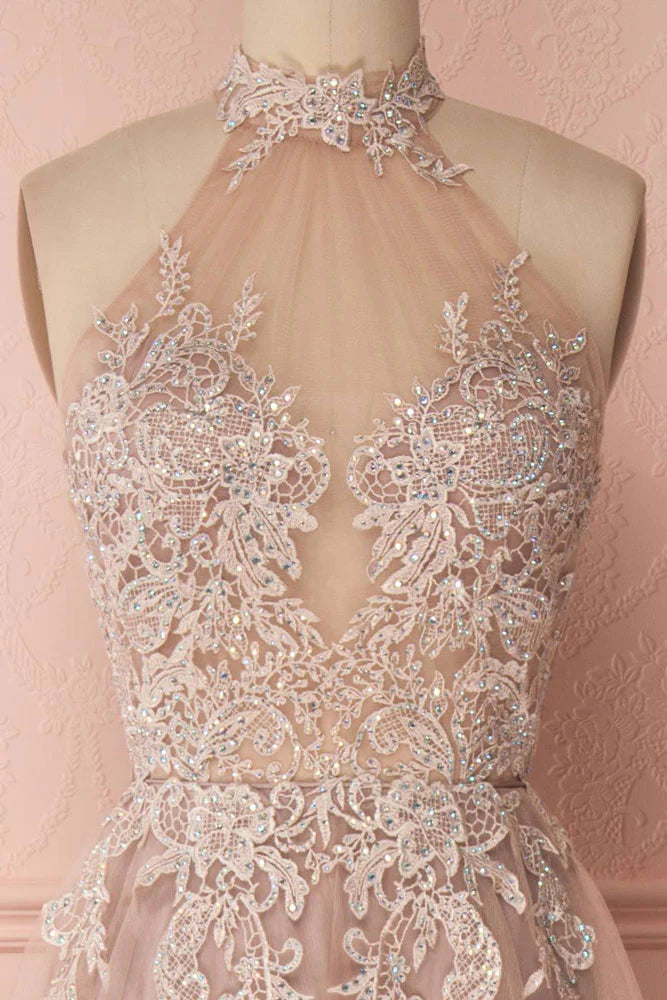 Unique lace applique tulle long prom dress tulle evening dress