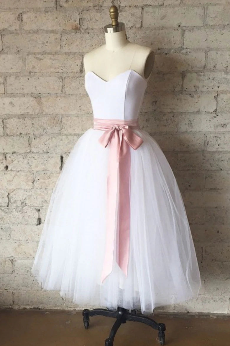 Simple white tulle tea Length prom dress white bridesmaid dress