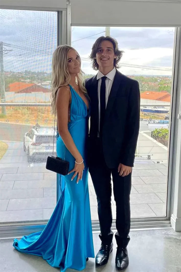 Mermaid Deep V Neck Blue Satin Prom Dress