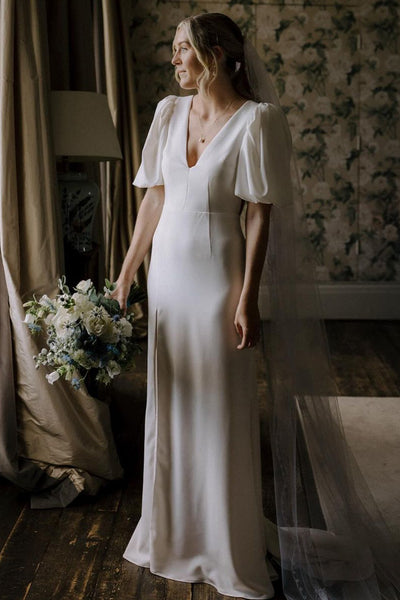 Elegant Mermaid V Neck Half Sleeves Satin Wedding Dresses