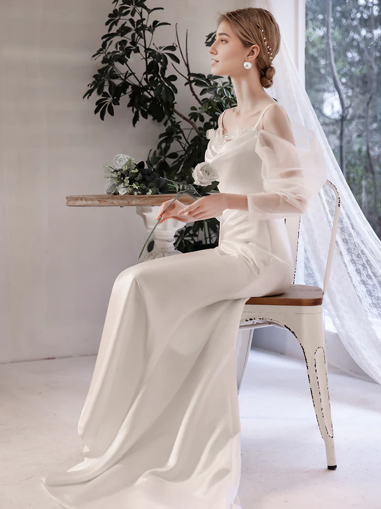 DingJiDress Formal Women's Dresses Simple Long Sleeves V Back Sweet Elegant Wedding Dress