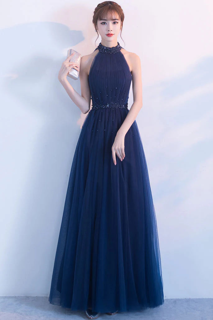 Dark blue tulle high neck long prom dress dark blue bridesmaid dress