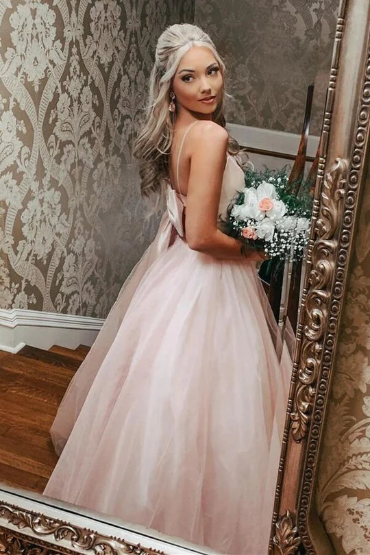 Bow Back Pink A-line Empire-Waist Sleeveless Tulle Long Prom Dress