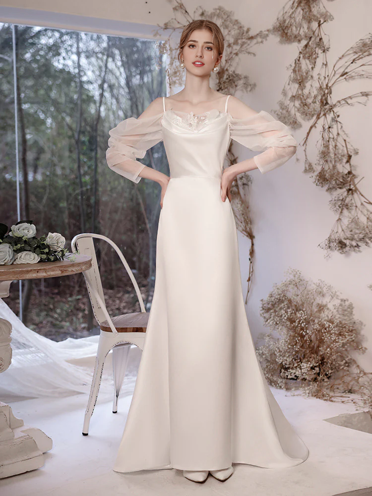 DingJiDress Formal Women's Dresses Simple Long Sleeves V Back Sweet Elegant Wedding Dress