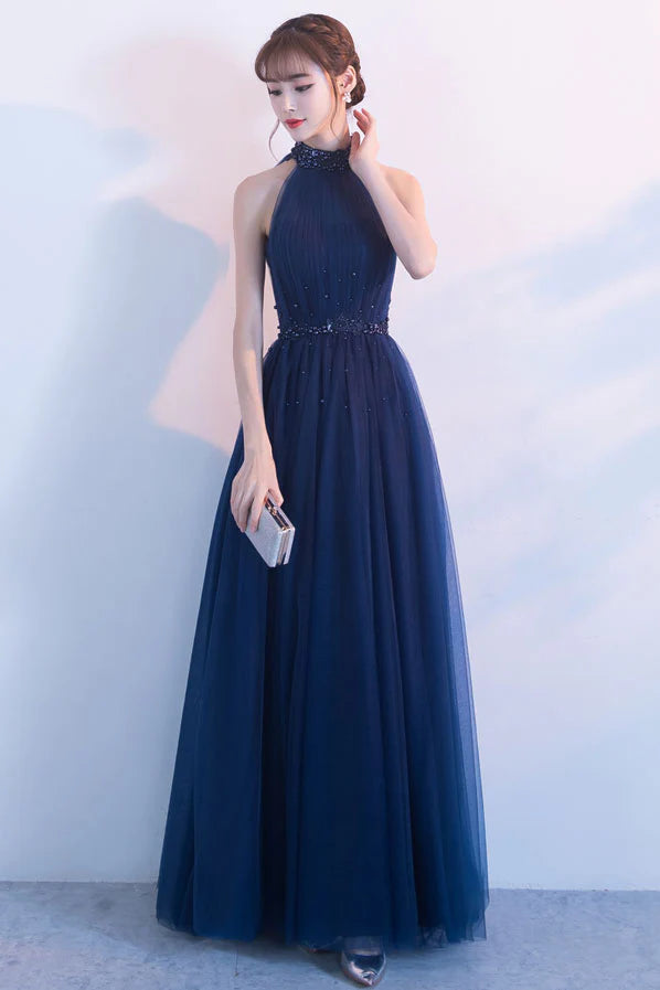 Dark blue tulle high neck long prom dress dark blue bridesmaid dress