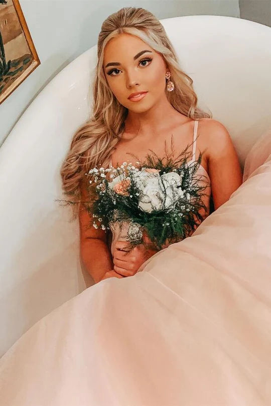 Bow Back Pink A-line Empire-Waist Sleeveless Tulle Long Prom Dress