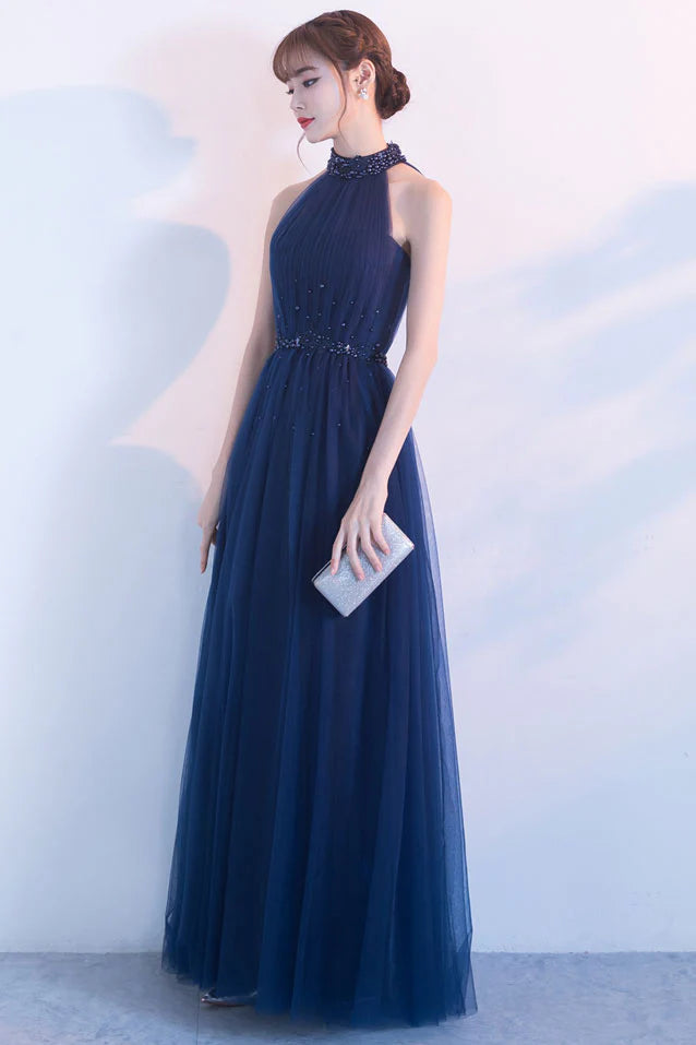 Dark blue tulle high neck long prom dress dark blue bridesmaid dress