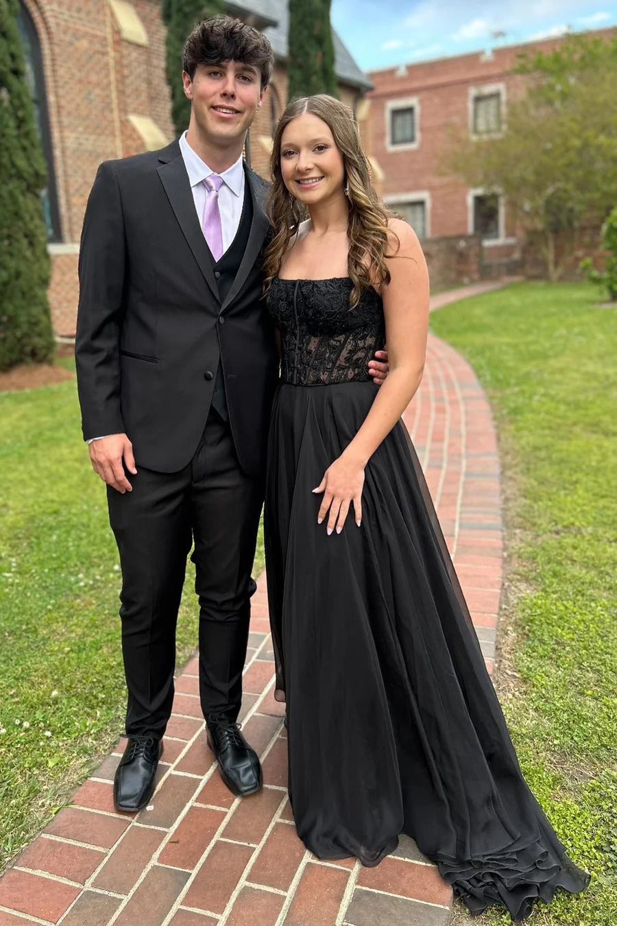 Magenta Chiffon Appliques Strapless A-Line Long Prom Dress