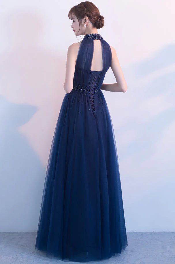Dark blue tulle high neck long prom dress dark blue bridesmaid dress