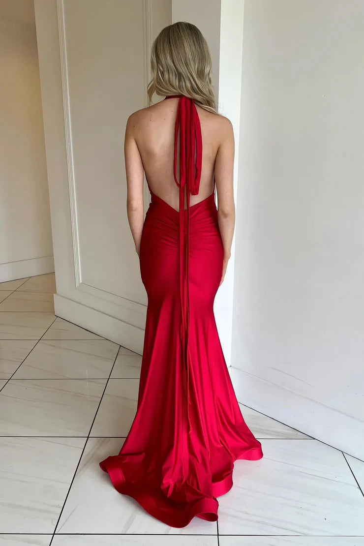 Charming Mermaid V Neck Red Satin Prom Dress