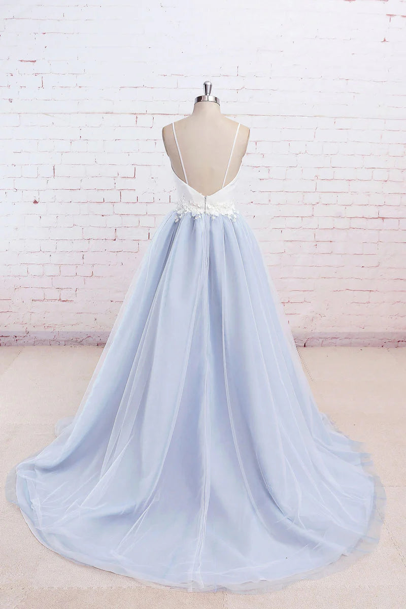 Simple blue tulle long prom dress tulle wedding dress