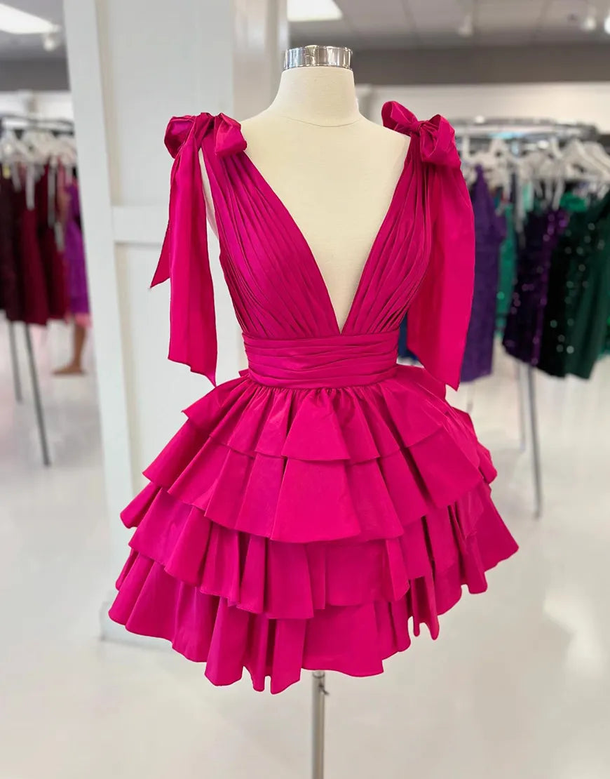 Blue short minimalist A-line multi-layer satin V-neck party dress