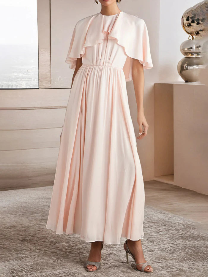 Pearl Pink Prom Dress Chiffon Cape Sleeve A Line Ankle Length Prom Dress