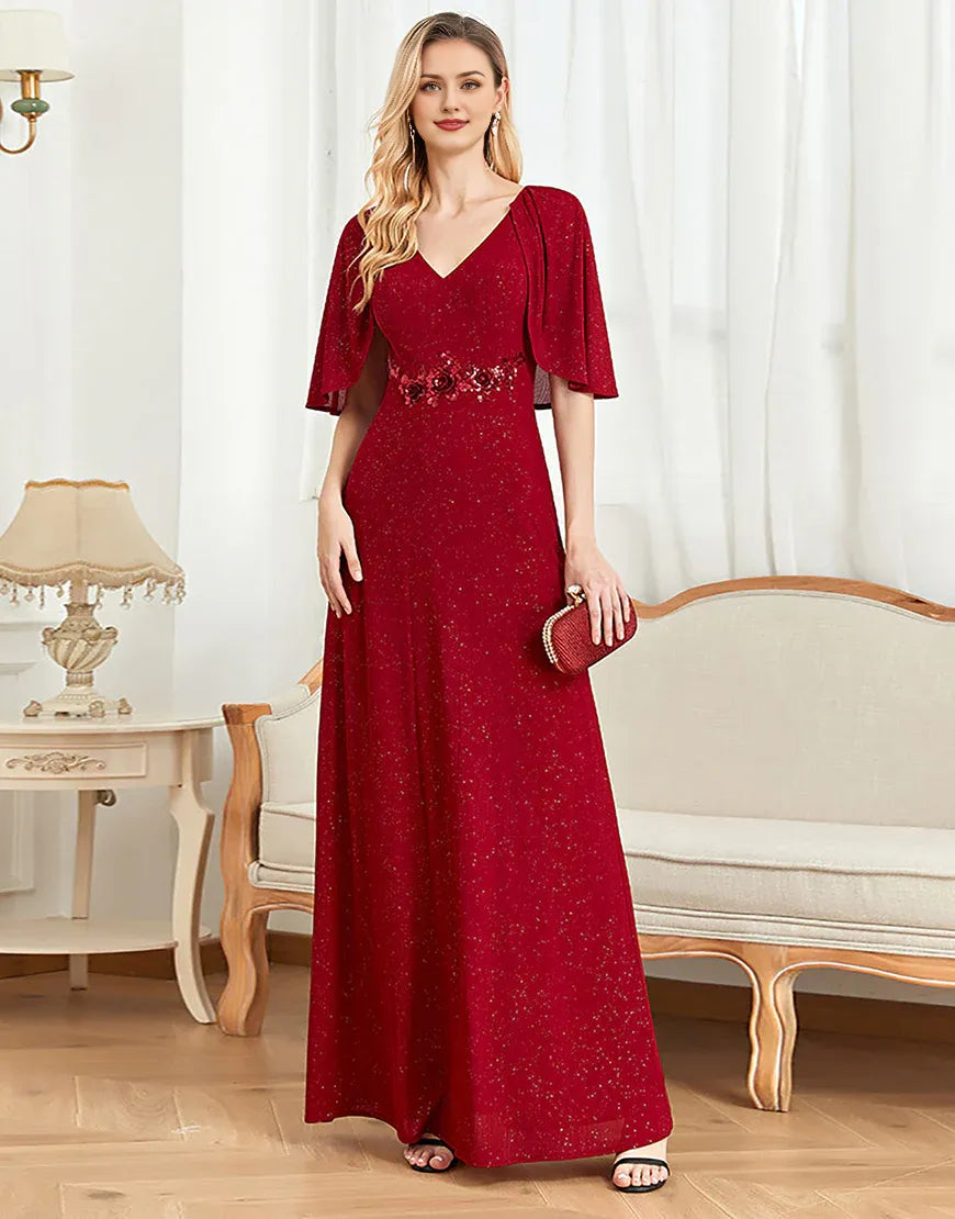 Glitter V-Neck Burgundy Mother of the Bride Dress with Cape ﻿