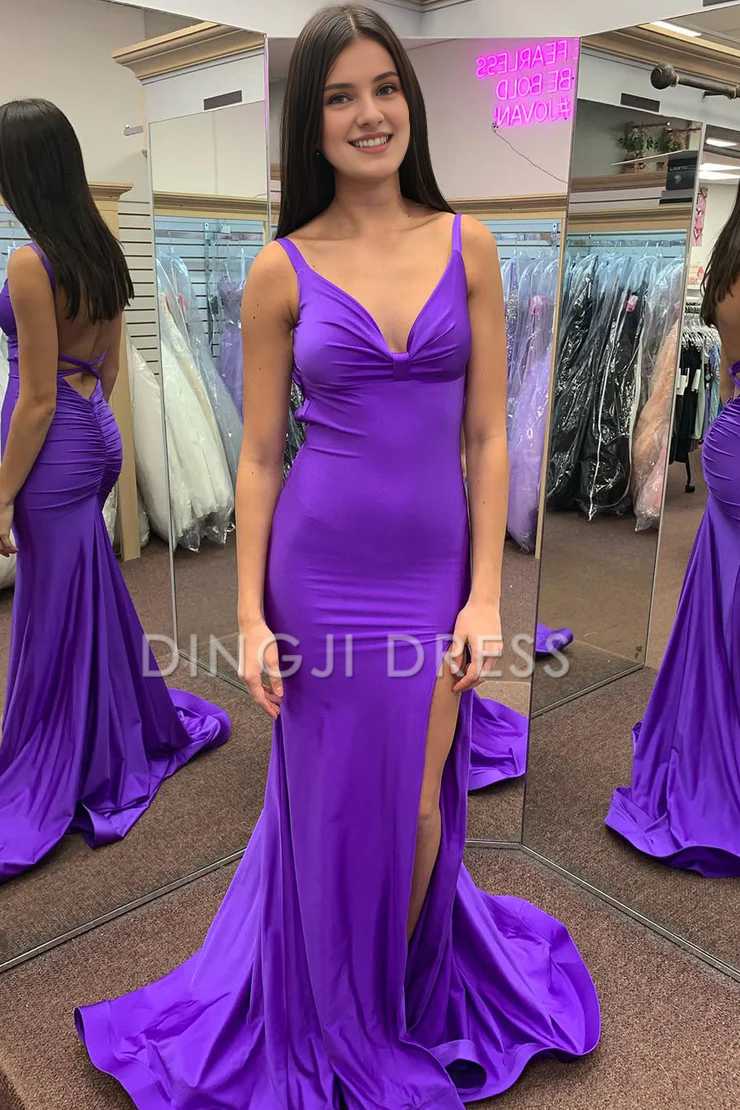 DingJiDress Charming Mermaid V Neck Satin Backless Long with Slit Prom Dress
