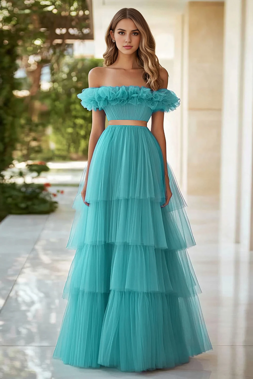 DingJiDress High Quality Dress A Line Off The Shoulder Pleated Tulle Tiers Long Prom Dress