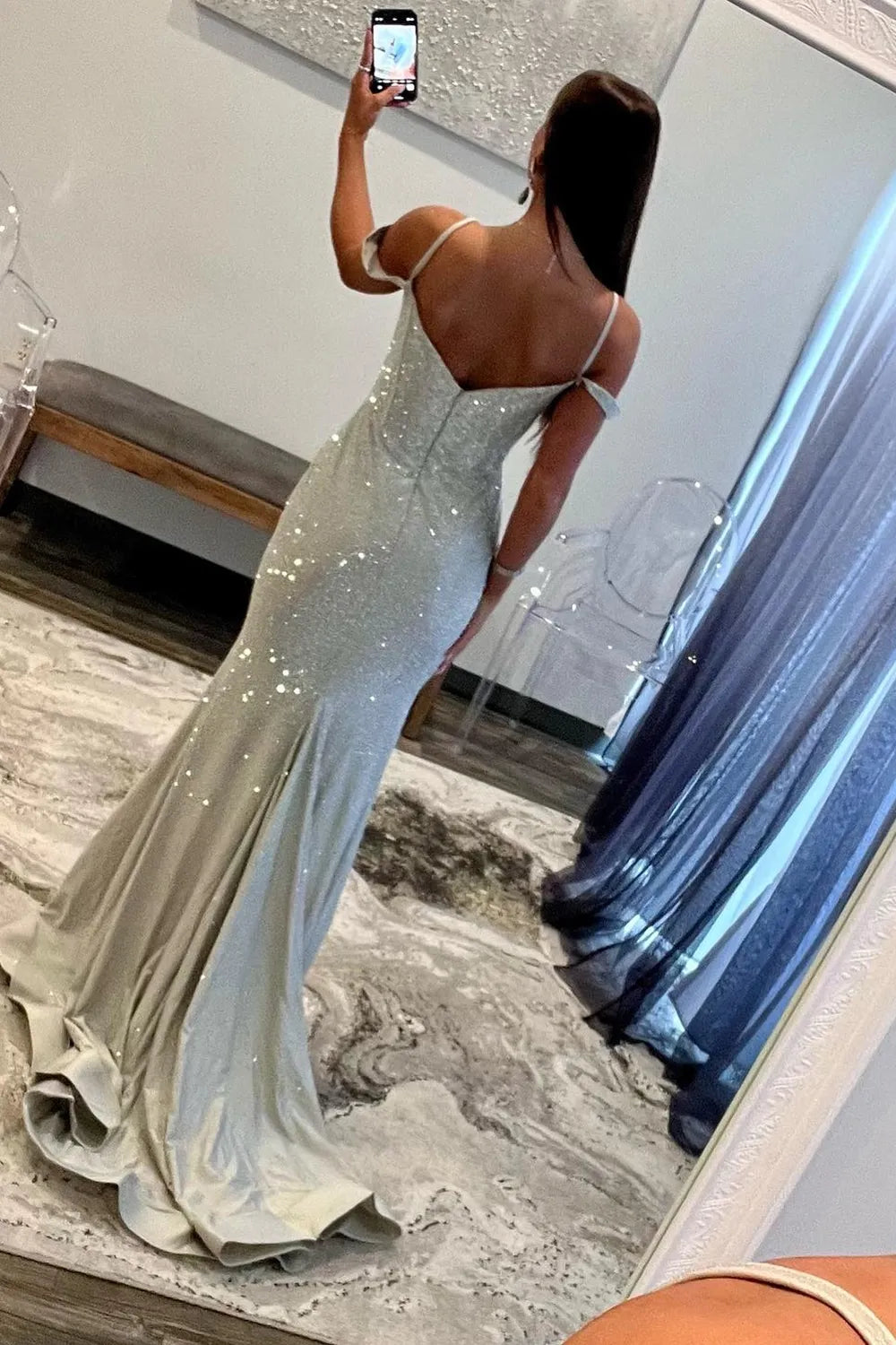 Mermaid Fashion Off Shoulder Long Split Beaded Ball Party Dress