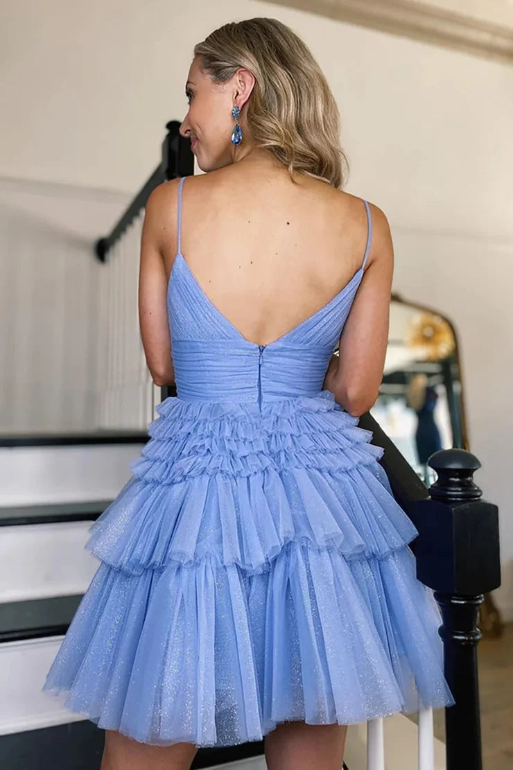 A Line V Neck Blue Tulle Short Homecoming Dresses
