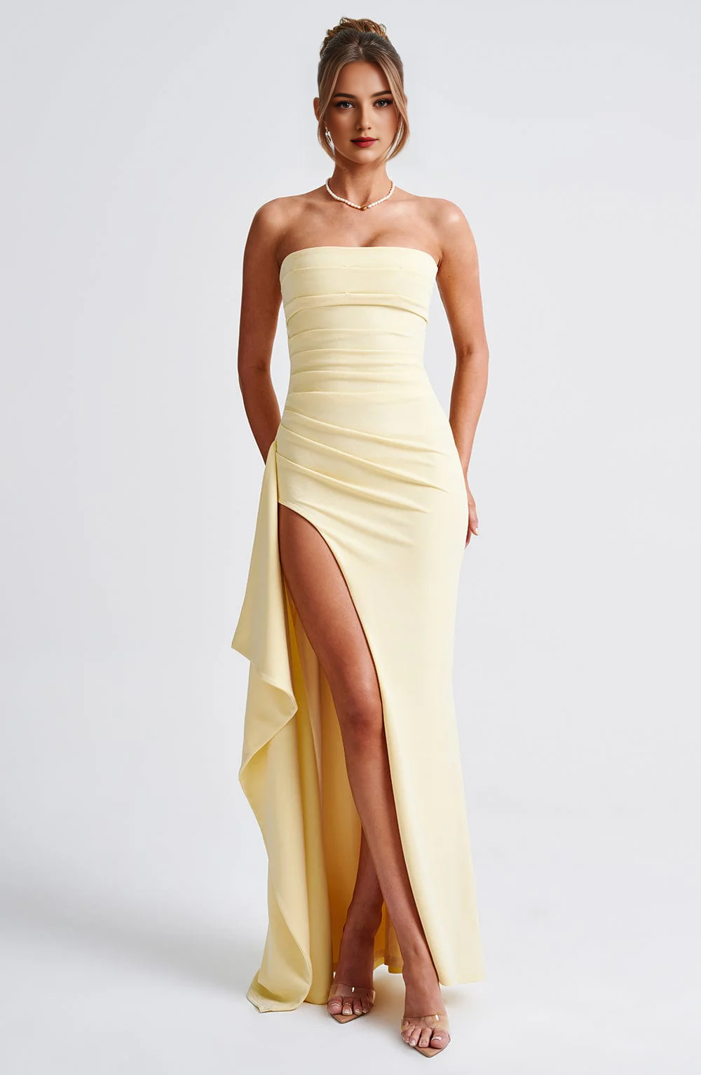 DingJiDress Prom Dresses Strapless Ruched Thigh high split Exquisite Dresses Wedding Guests Dresses