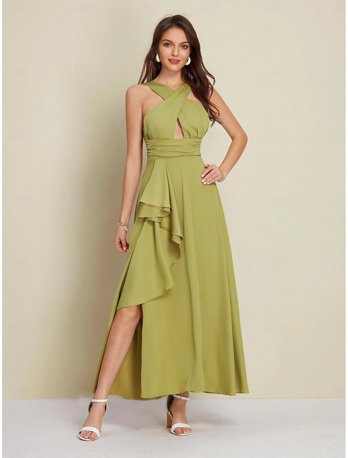 Women's Army Green Maxi Party/Wedding Guest /Cocktail Dress Satin Green Halter Neck Front Slit Cut-out Asymmetrical Ruffle dress to impress