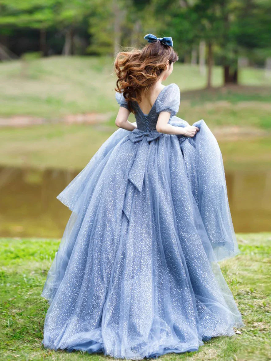 Blue chiffon V-neck long sweet ball dress