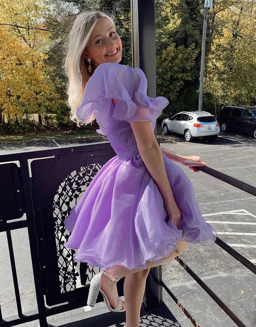 One Shoulder White A Line Cute Homecoming Dress with Ruffles