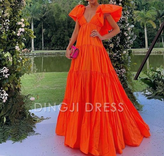 DingJiDress A-Line Deep V Neck Short Sleeves Pleated Long Exquisite Adoration Prom Dress
