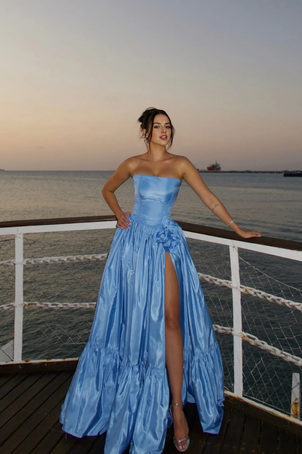 DingJiDress Charming A Line Strapless Satin Long with Split Front Elegant Prom Dress
