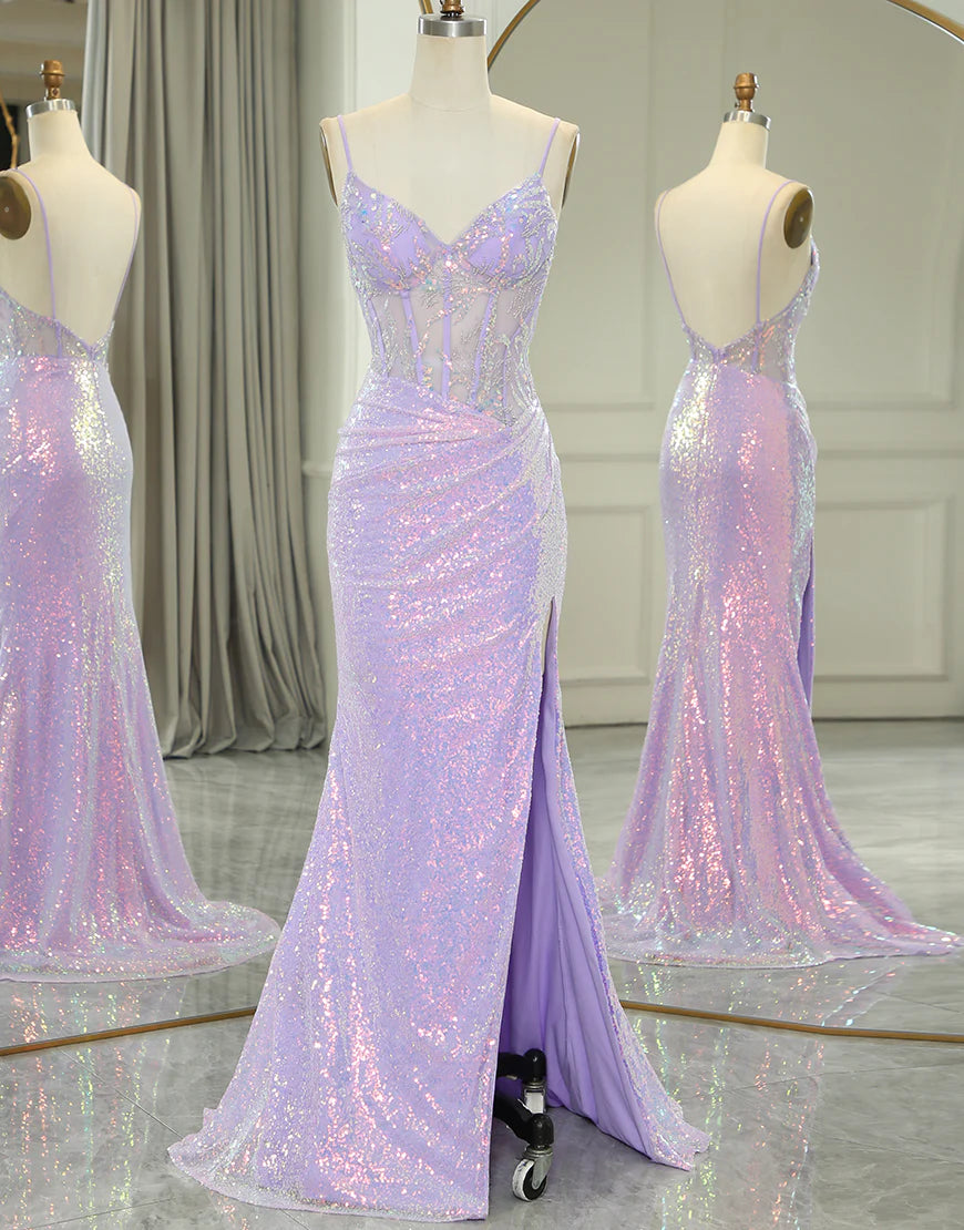 Purple mermaid long slit tight corset dance dress