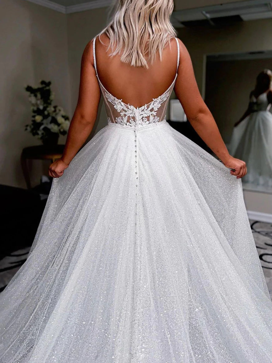 White v neck tulle sequin long prom dress white tulle formal dress