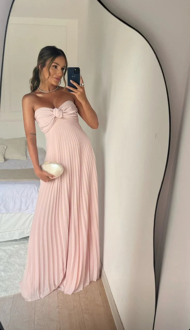Strapless pink long ball gown with pleated formal party dress