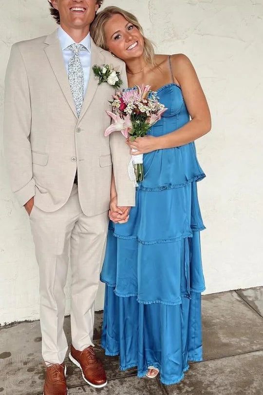 Chic Spaghetti Straps Ruffles Satin Long Formal Prom Dress