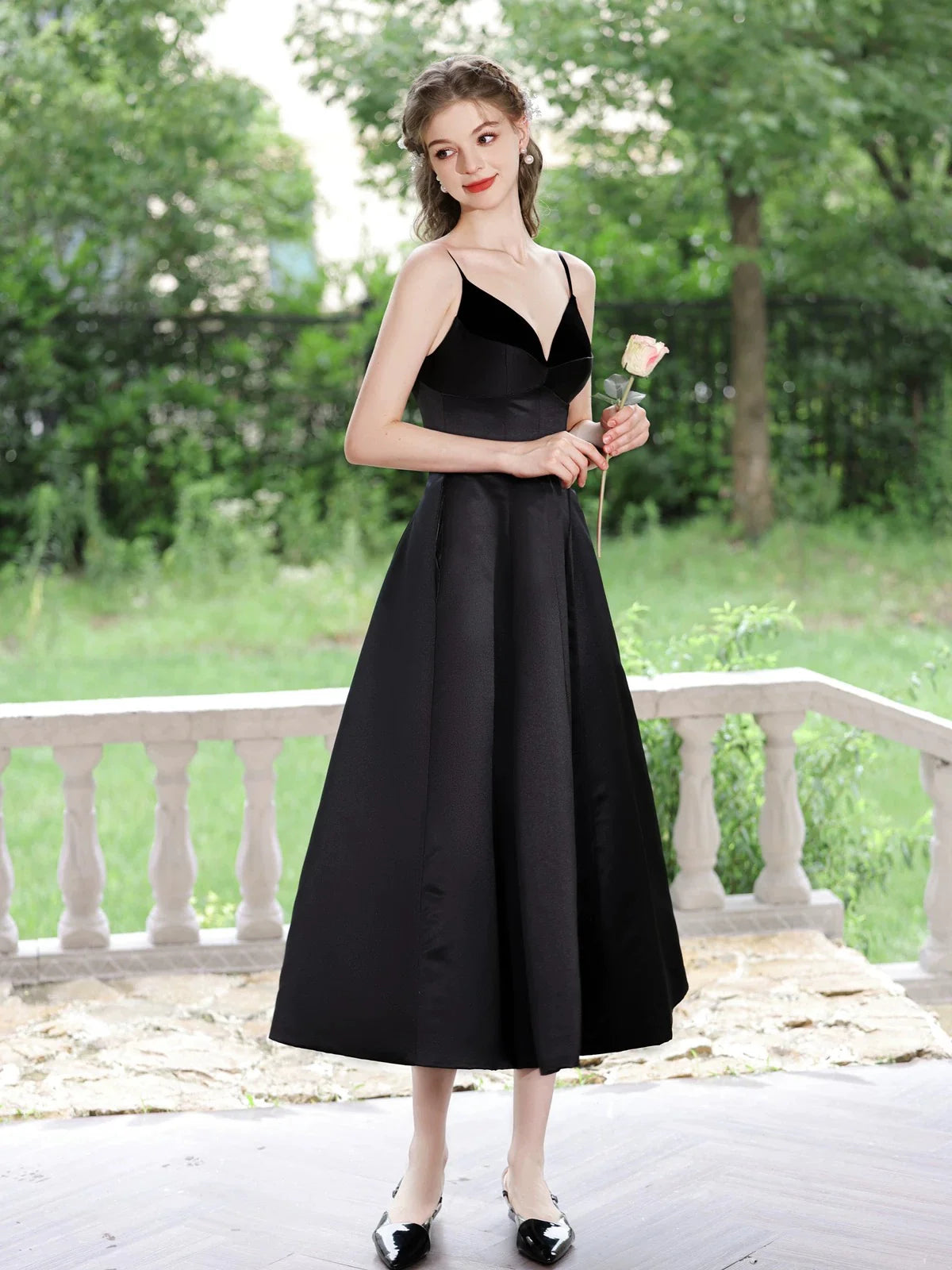 A-Line V Neck Tea Length Satin Black Prom Dress  Black Formal Dress