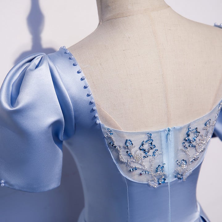 Unique Blue Satin Short Sleeves Long Evening DressBlue Party Dress Bridesmaid Dress