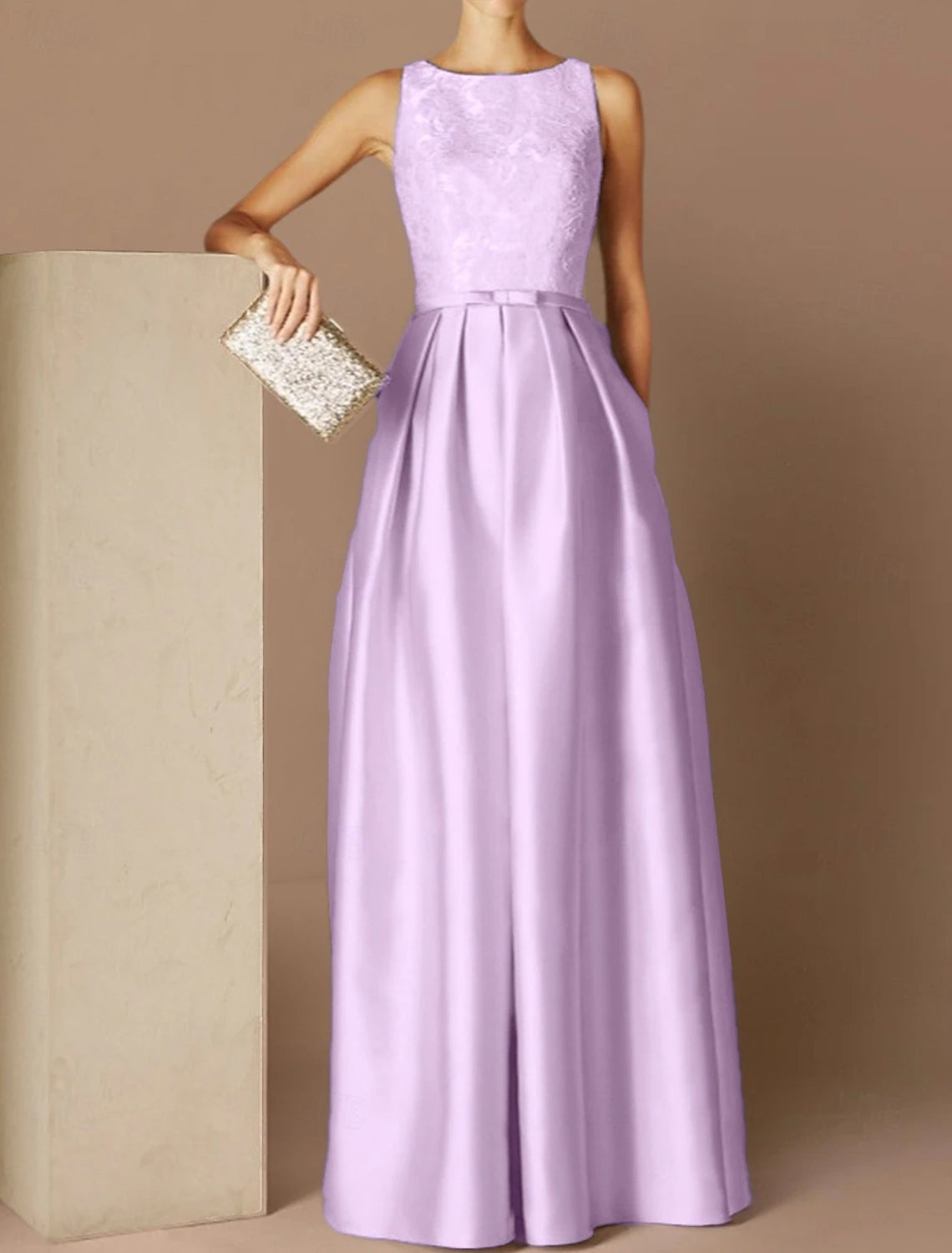 Beach Wedding A-Line Evening Gown Elegant Dress Formal Evening Floor Length Sleeveless Jewel Neck Fall Wedding Guest Satin with Sash / Ribbon Pleats Appliques