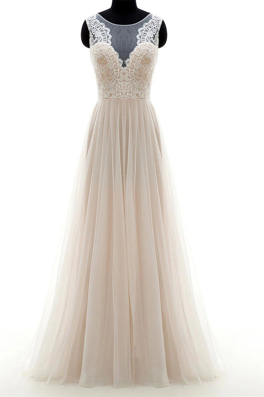 Champagne round neck tulle lace long prom dress champagne wedding dress