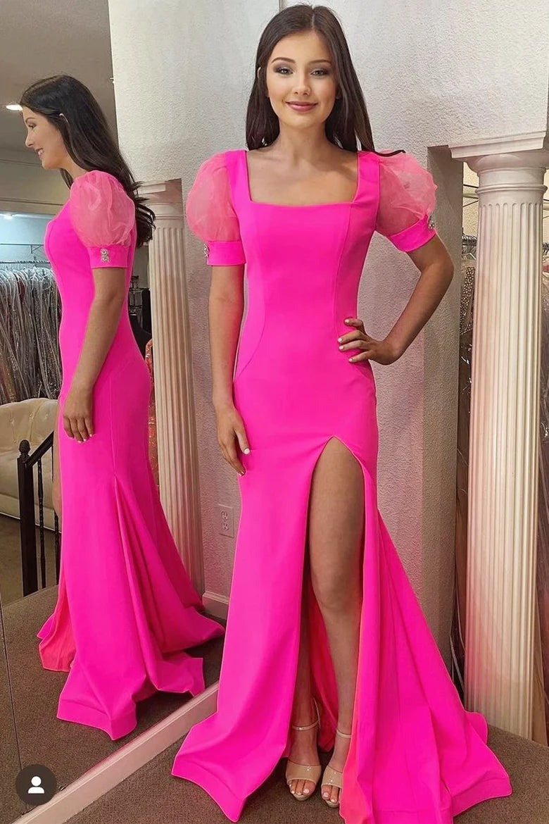 Hot pink square neck bubble sleeves mermaid long dress with slit
