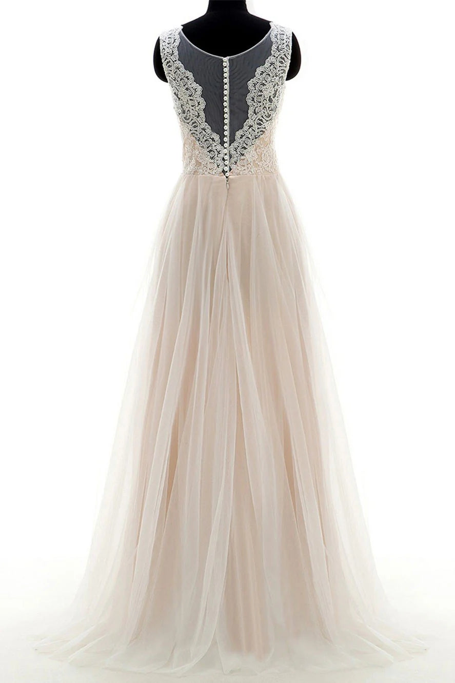 Champagne round neck tulle lace long prom dress champagne wedding dress