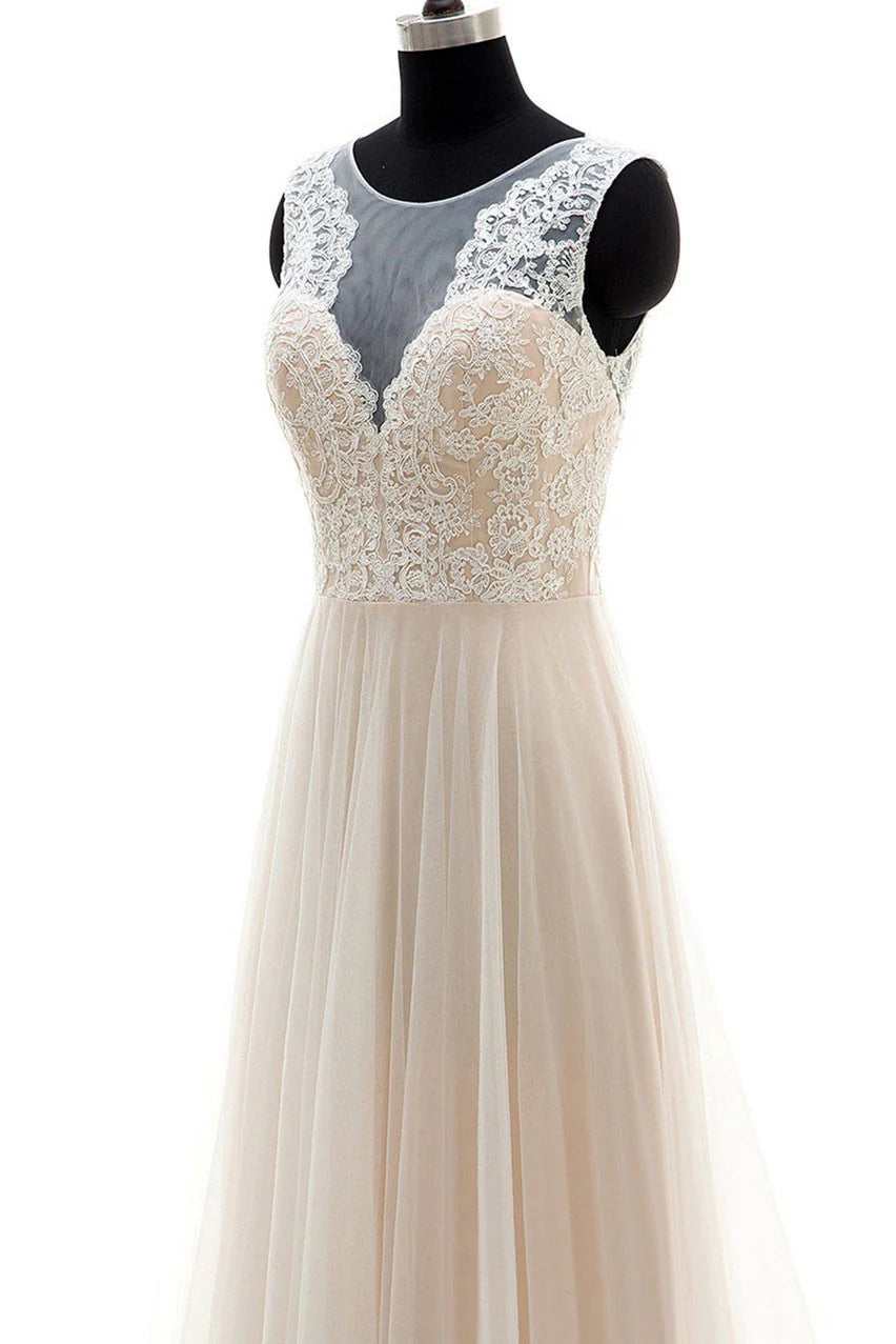 Champagne round neck tulle lace long prom dress champagne wedding dress