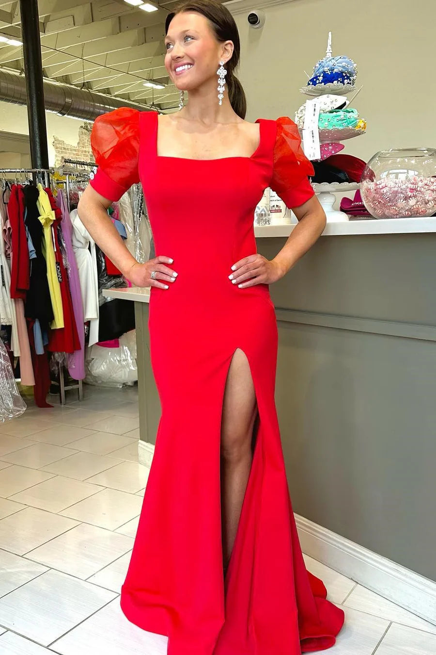 Hot pink square neck bubble sleeves mermaid long dress with slit