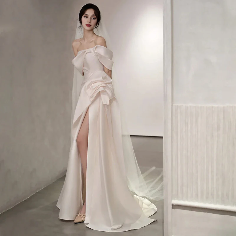 DingJiDress Formal Women's Dresses Off Shoulder Satin Mermaid Ruched Side Fork Long Wedding Dress