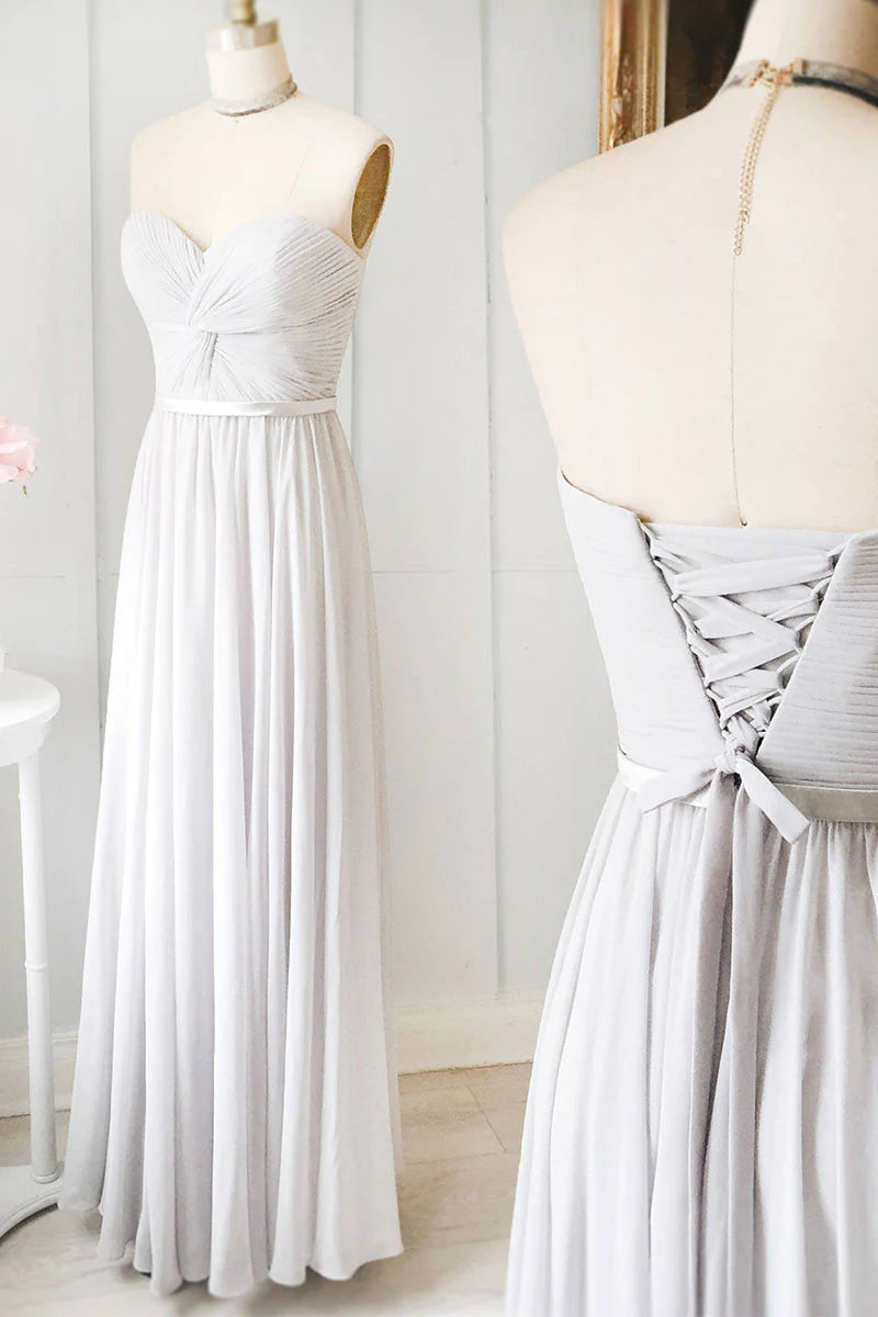 Gray sweetheart chiffon long prom dress gray evening dress