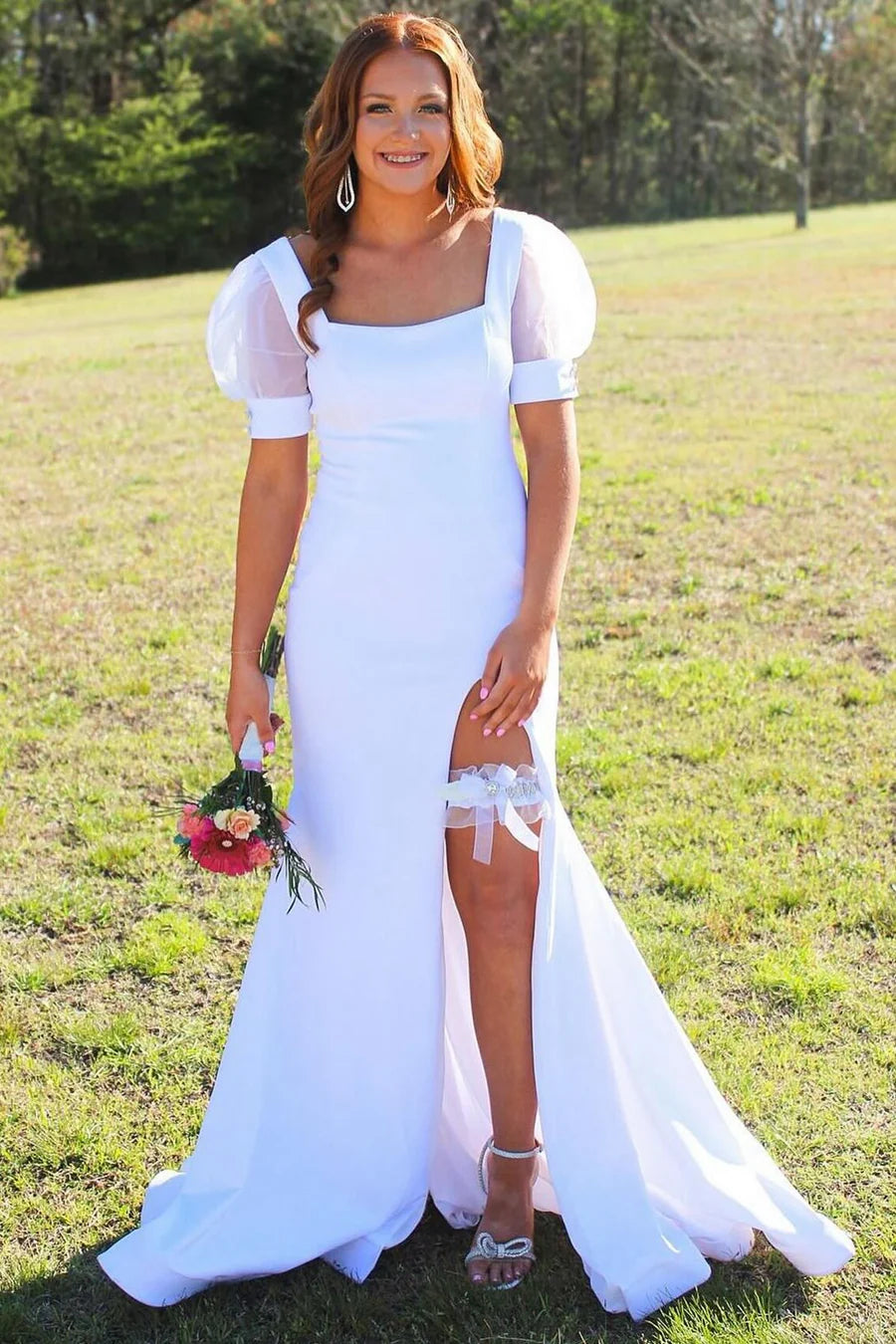 Hot pink square neck bubble sleeves mermaid long dress with slit