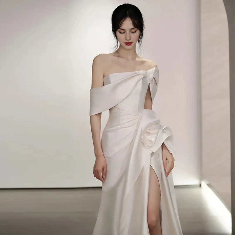 DingJiDress Formal Women's Dresses Off Shoulder Satin Mermaid Ruched Side Fork Long Wedding Dress