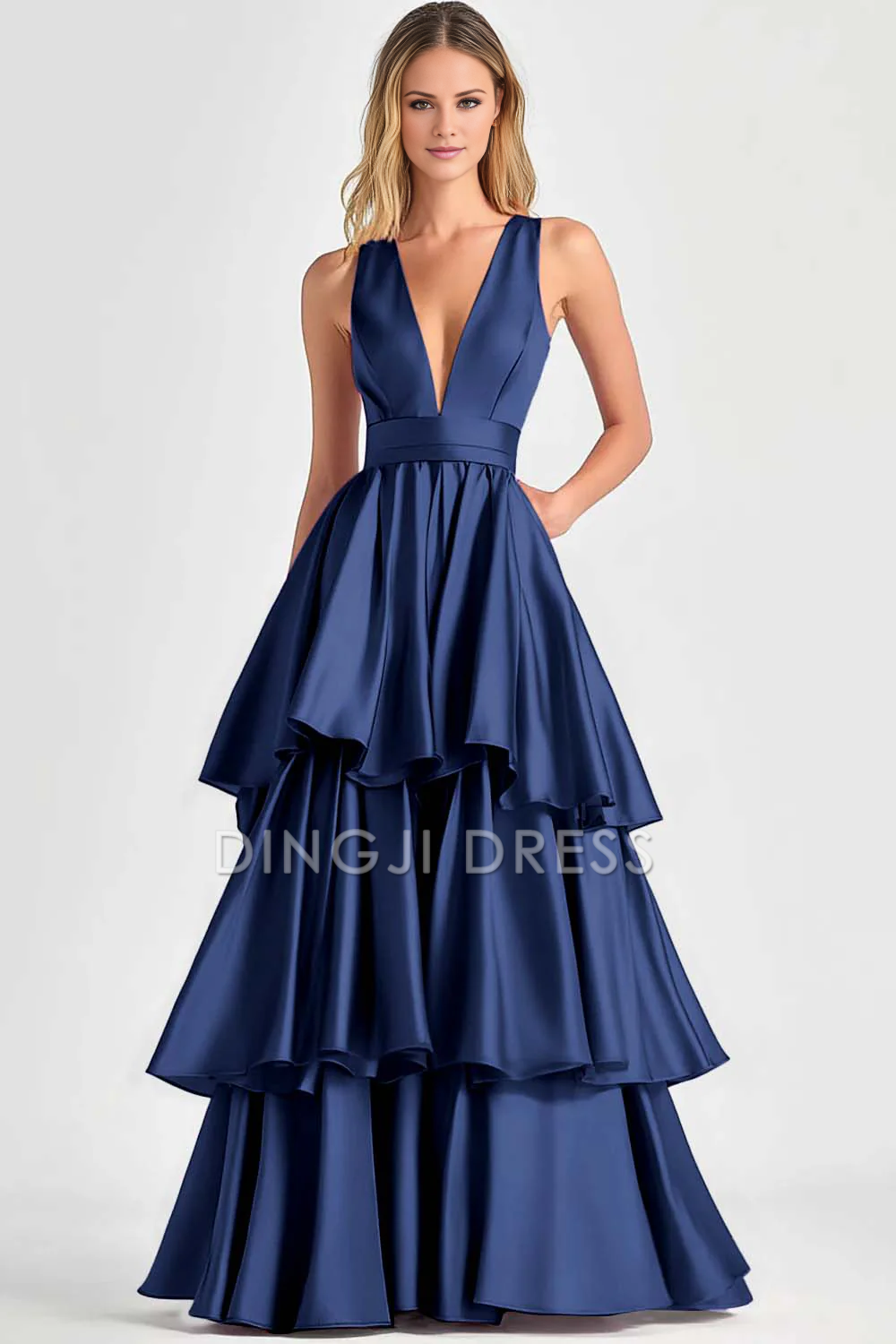 DingJiDress High Quality Dress A-Line Deep V-Neck Sleeveless Ruched Tiered Fashion Long Prom Dress