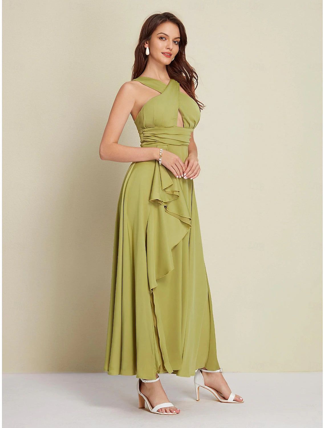 Women's Army Green Maxi Party/Wedding Guest /Cocktail Dress Satin Green Halter Neck Front Slit Cut-out Asymmetrical Ruffle dress to impress