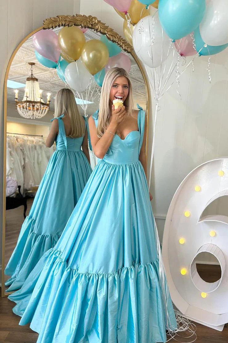 A-Line Sweetheart Light Blue Satin Ruffle Long Prom Dress